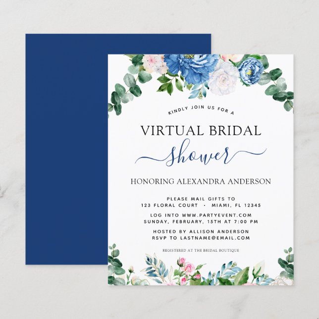 Budget Virtual Bridal Shower Eucalyptus Blue Pink (Front/Back)