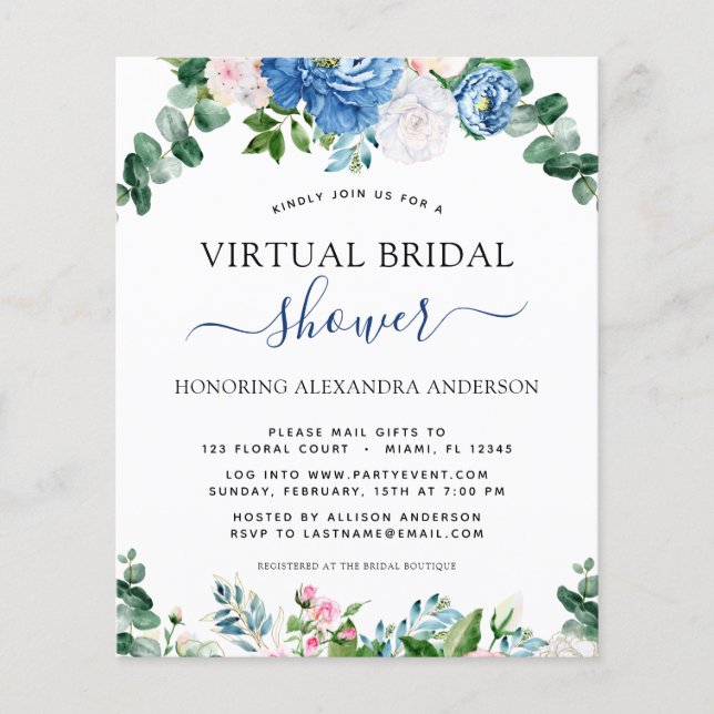 Budget Virtual Bridal Shower Eucalyptus Blue Pink Flyer (Front)