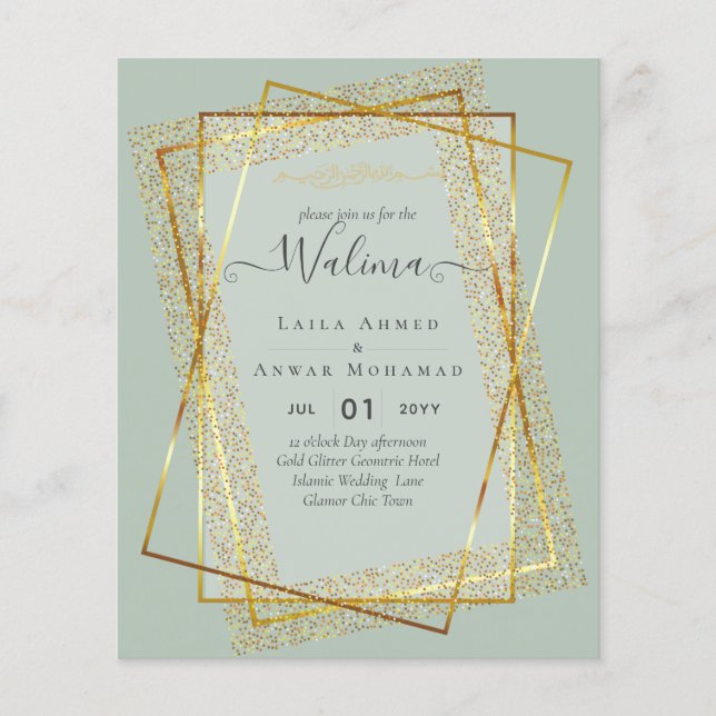 Budget Walima Muslim Wedding Gold Frame Invite Flyer (Front)