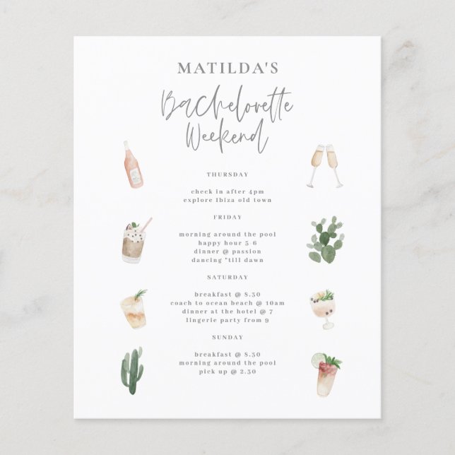 budget Watercolor bachelorette weekend itinerary Flyer (Front)