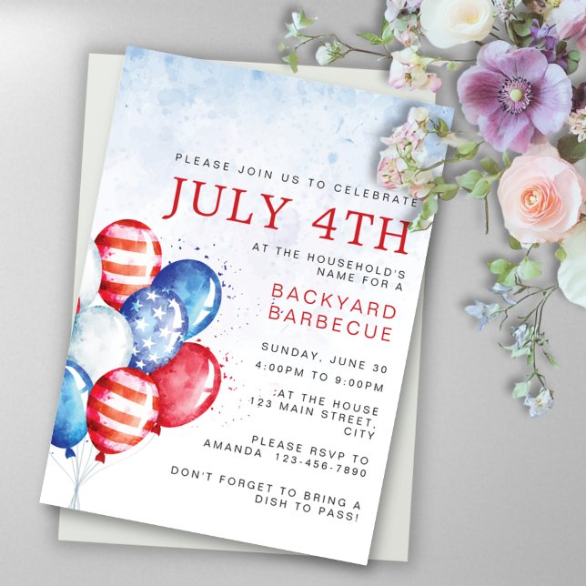 Budget Watercolor Balloons Fourth of July Party Invitation (Creator Uploaded)