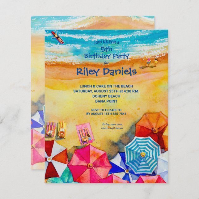 Budget Watercolor Beach Birthday Party Invitations (Front/Back)