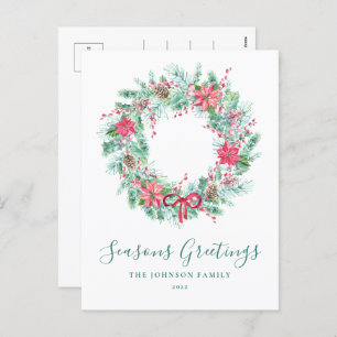 Budget Watercolor Berries & Greenery Wreath Holiday Postcard