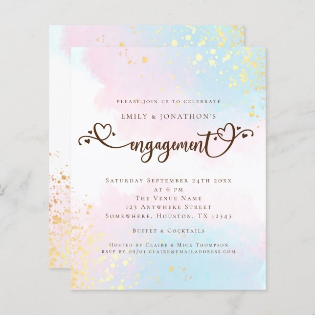 Budget Watercolor Blue Pink Heart Engagement (Front/Back)