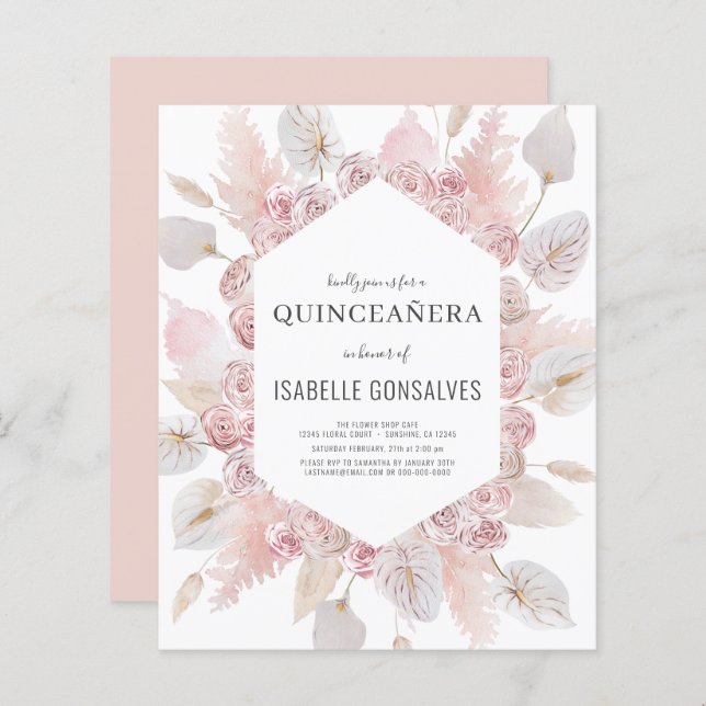 Budget Watercolor Boho QUINCEAÑERA Invitation (Front/Back)