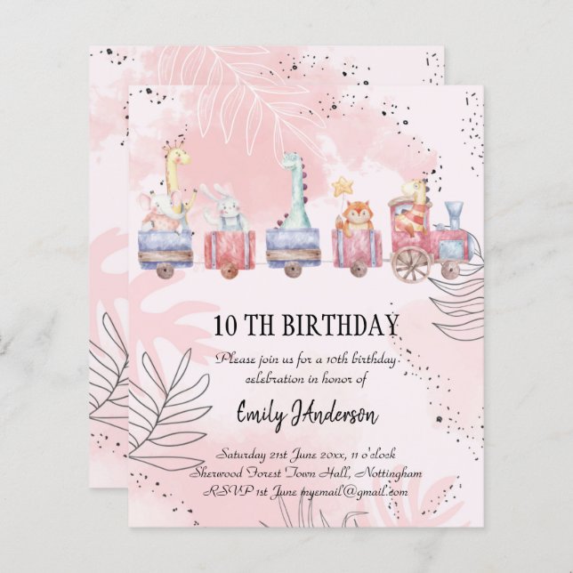 BUDGET Watercolor Cartoon Animals Birthday Invites (Front/Back)