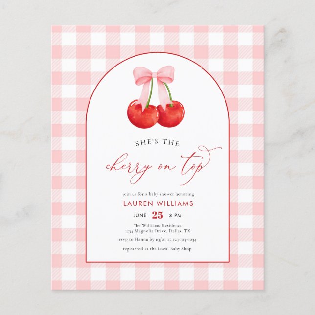 BUDGET Watercolor Cherry on Top Baby Girl Shower Flyer (Front)