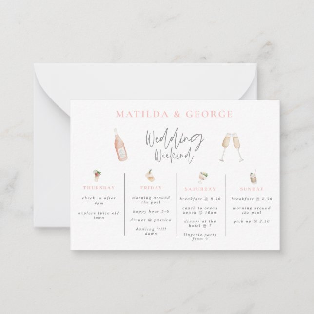 budget watercolor drink wedding weekend itinerary  card (Front)