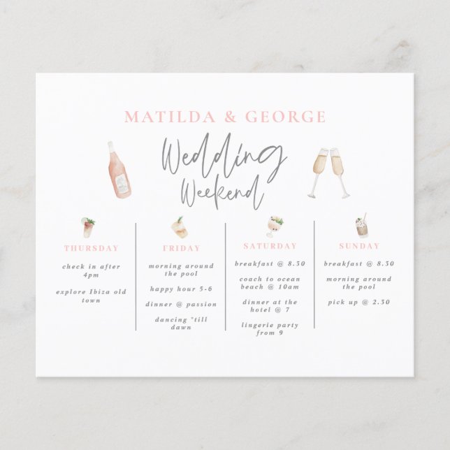 budget Watercolor drinks wedding weekend itinerary Flyer (Front)