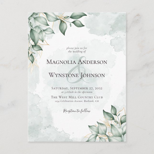 BUDGET Watercolor Eucalyptus Wedding Invitation Postcard (Front)