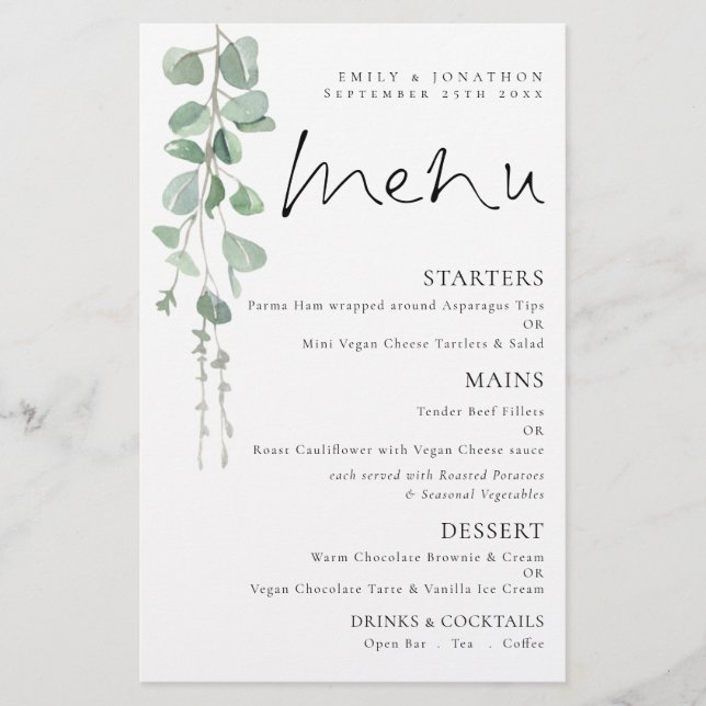 Budget Watercolor Eucalyptus Wedding Menu (Front)