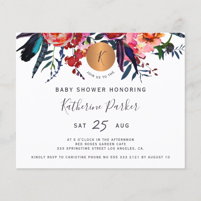 Budget watercolor floral baby shower invitation flyer (Front)