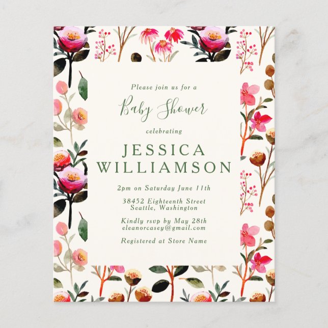 Budget Watercolor Floral Pink Green Baby Shower (Front)