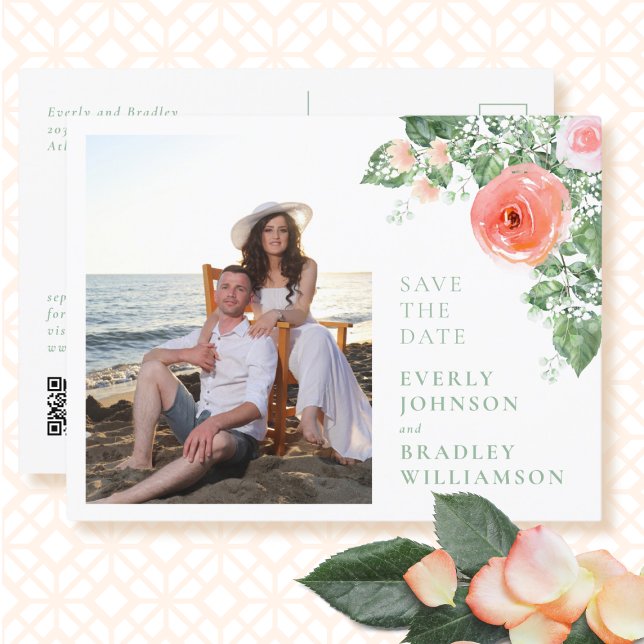 Budget Watercolor Floral QR Code Save the Date  Postcard (Creator Uploaded)