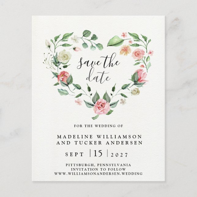 Budget Watercolor Floral Rose Heart Save the Date  (Front)