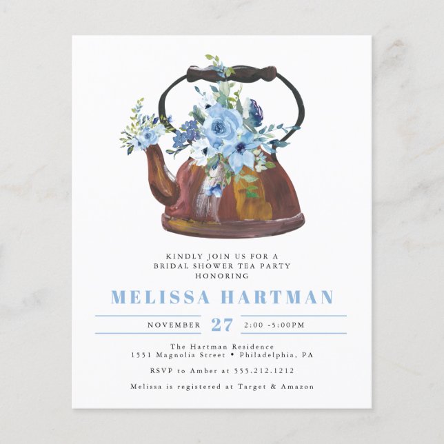 Budget Watercolor Floral Tea Party Bridal Shower Flyer (Front)
