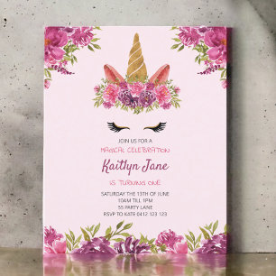 BUDGET Watercolor Floral Unicorn Pink Invitation