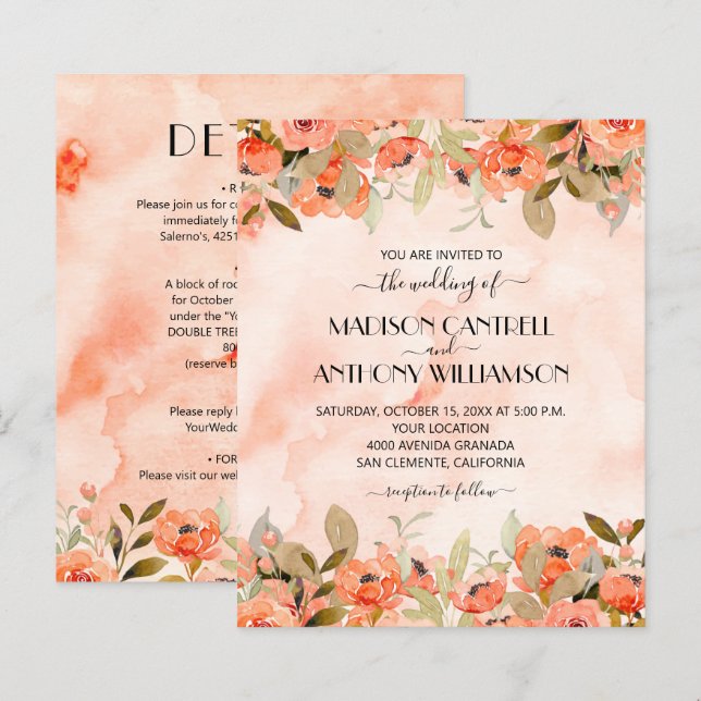 Budget Watercolor Floral Wedding All In One Invite (Front/Back)