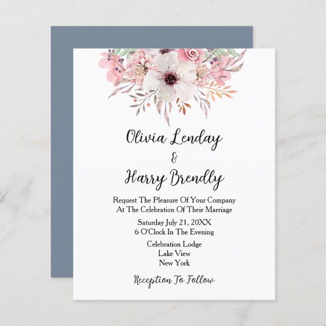 Budget Watercolor Floral Wedding Invitation (Front/Back)