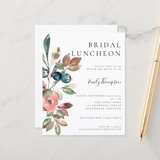 Budget Watercolor Florals Bridal Luncheon Invite (Front/Back In Situ)