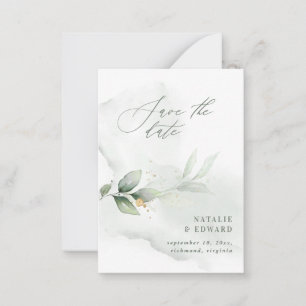 budget watercolor green eucalyptus save the date card