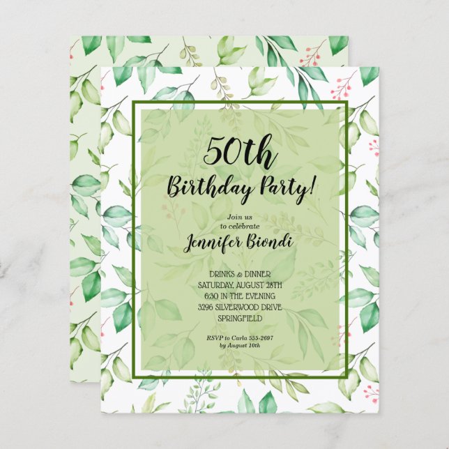 Budget Watercolor Greenery Birthday Invitation (Front/Back)
