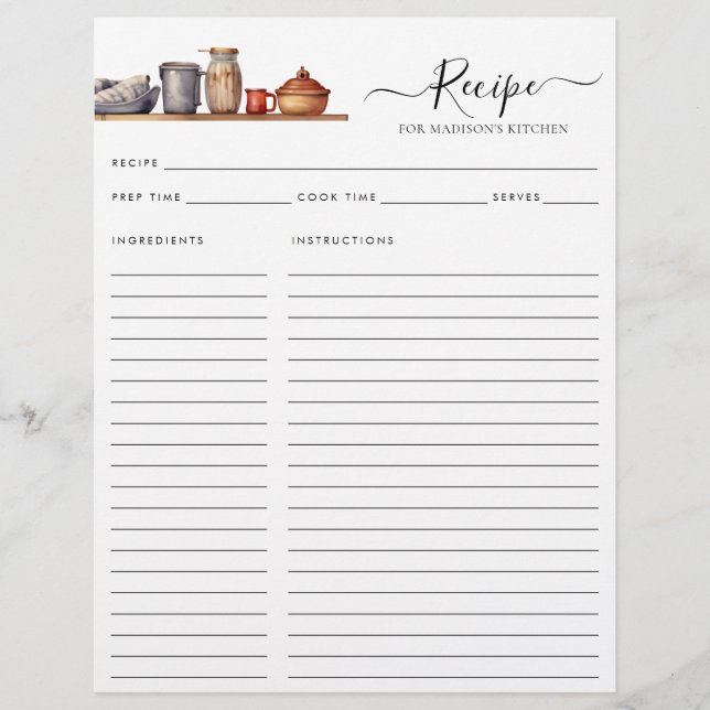 Budget Watercolor Kitchen Shelf Utensils Recipe Flyer (Front)