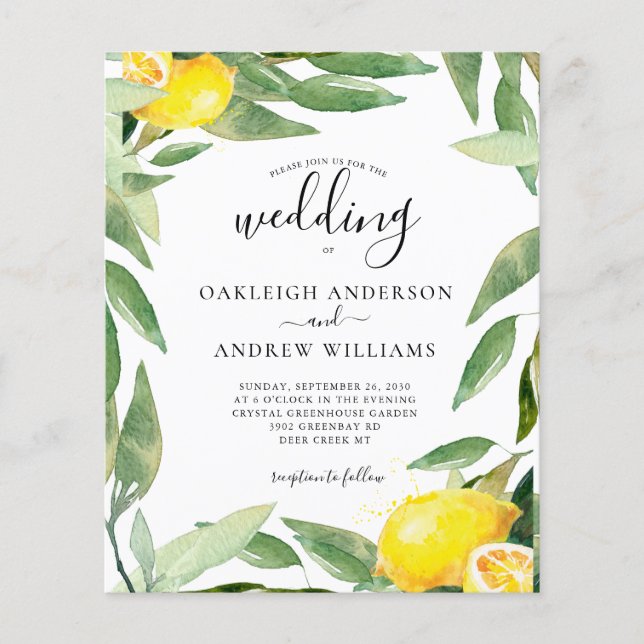 Budget Watercolor Lemon Botanical Wedding (Front)