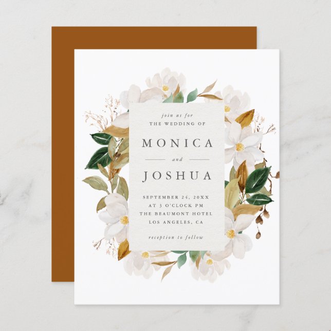Budget Watercolor Magnolia Blooms Greenery Wedding (Front/Back)