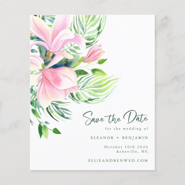 Budget Watercolor Magnolia Flowers Pink Save Date (Front)
