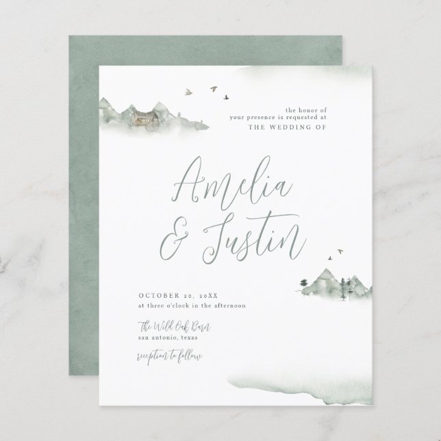 Budget Watercolor Mountains Destination Wedding (Front/Back)