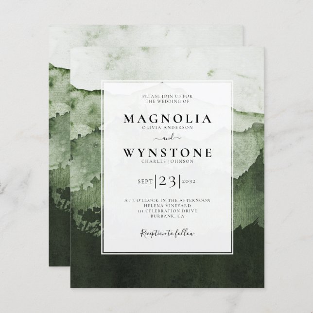 Budget Watercolor Mountains Wedding Invitation (Front/Back)