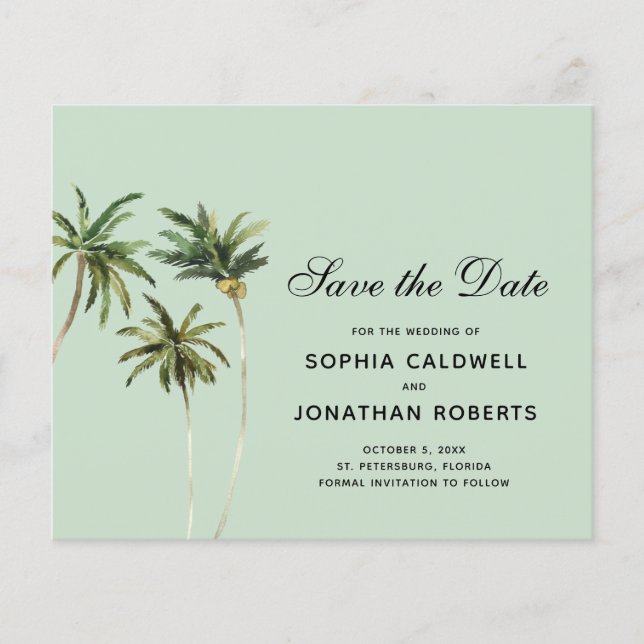 Budget Watercolor Palm Trees Simple Save the Date (Front)