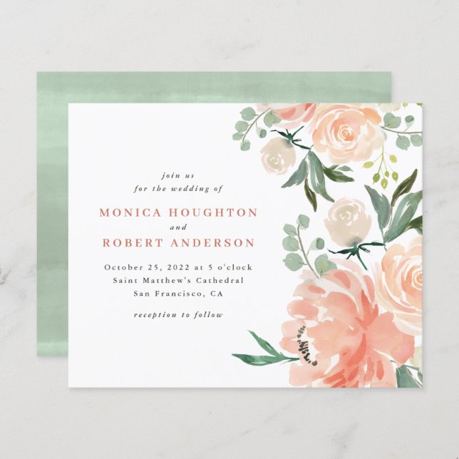 Budget Watercolor Peach Blush Pink Floral Wedding (Front/Back)