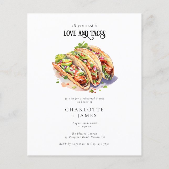 Budget Watercolor Photo Tacos Rehearsal Dinner Flyer (Front)