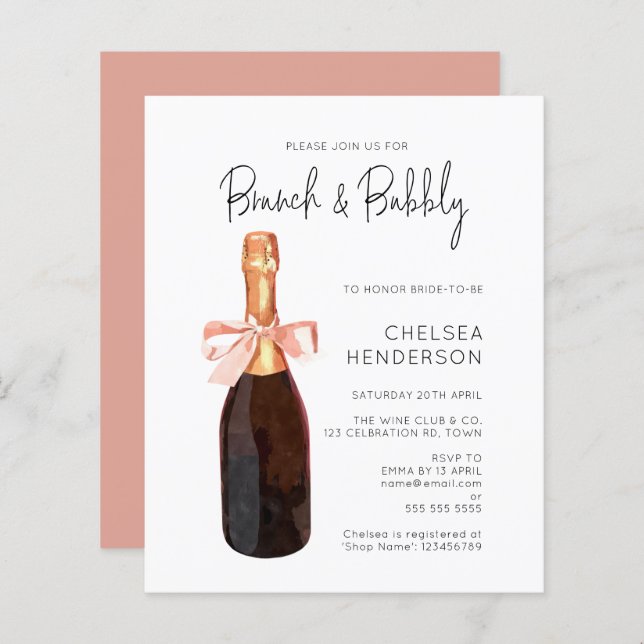 Budget Watercolor Pink Champagne Brunch & Bubbly (Front/Back)