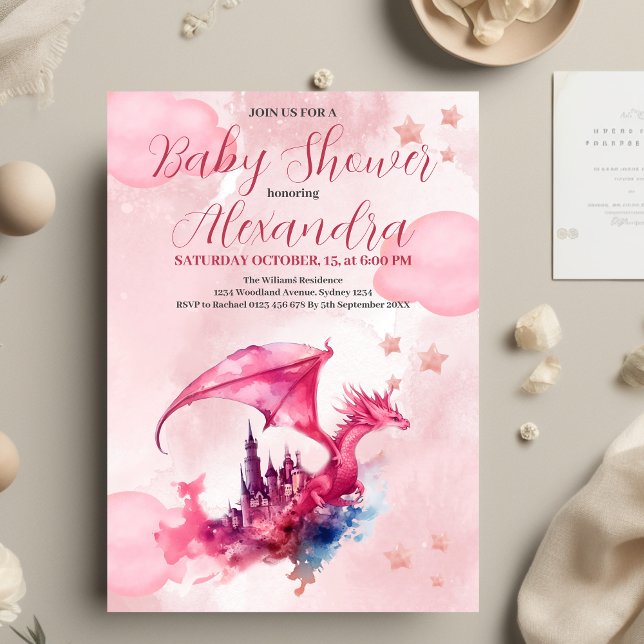 Budget Watercolor Pink Dragon Baby Shower  Flyer (Creator Uploaded)