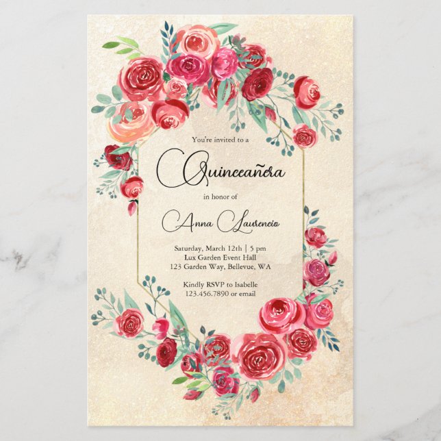 Budget Watercolor Red Roses Quinceanera Invitation Flyer (Front)