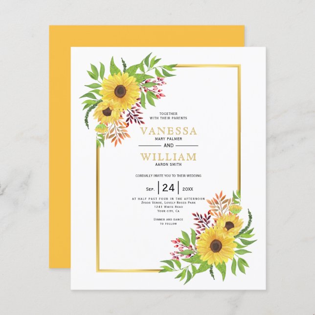 BUDGET Watercolor sunflowers wedding invitation (Front/Back)