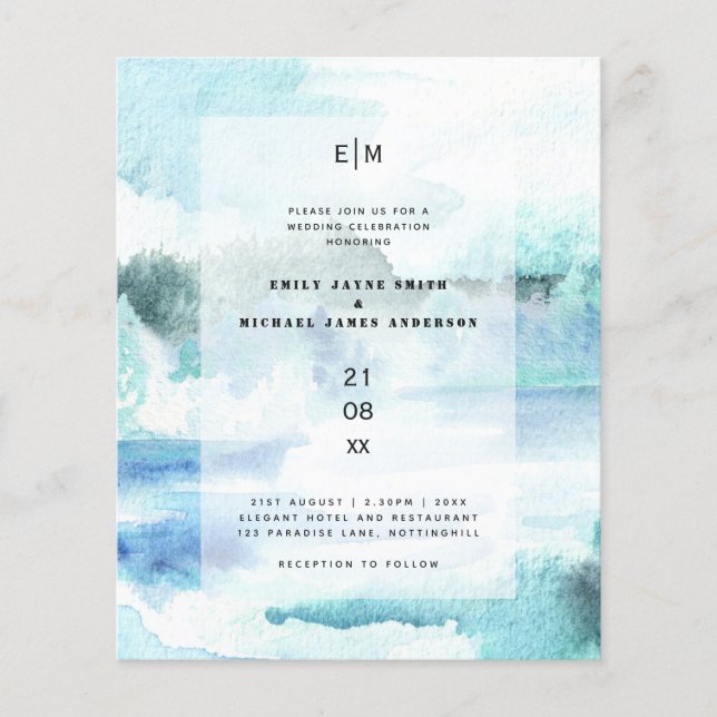 Budget Watercolor Teal Aqua Beach Wedding Invites (Front)
