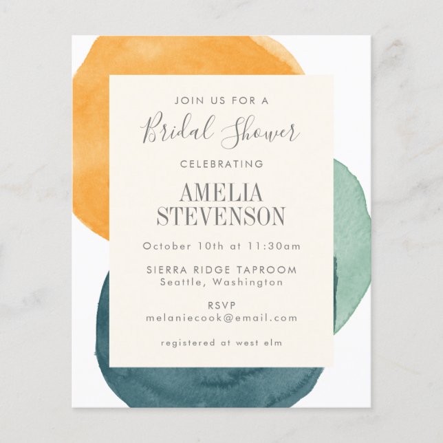 Budget Watercolor Teal Bridal Shower Invite (Front)