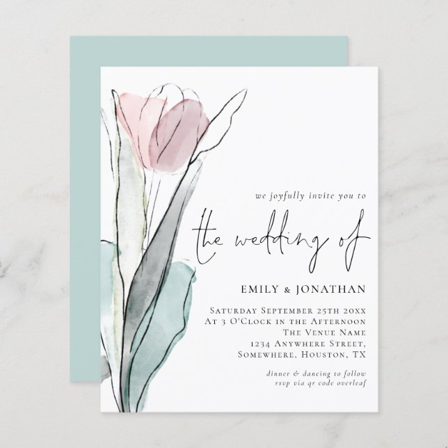 Budget Watercolor Tulip Wedding Invitation (Front/Back)