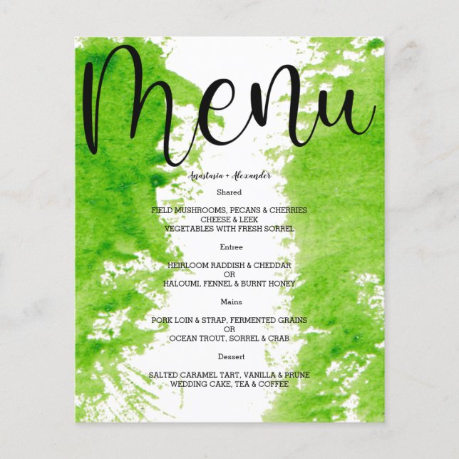 Budget Watercolor WEDDING MENU. Flyer (Front)