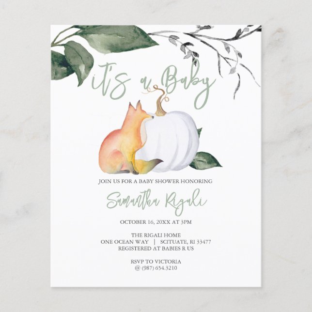 Budget Watercolor Woodland Fall Themed Baby Shower Flyer (Front)