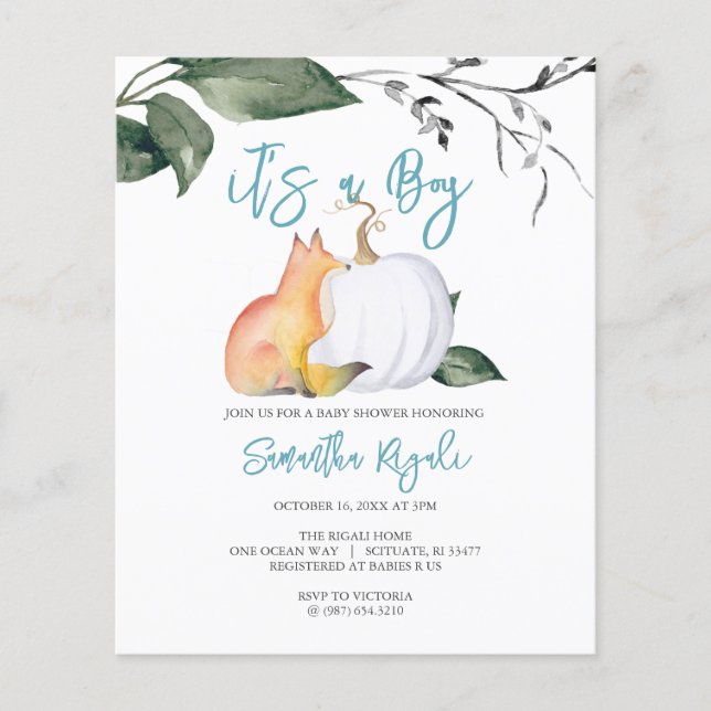 Budget Watercolor Woodland Fall Themed Baby Shower Flyer (Front)