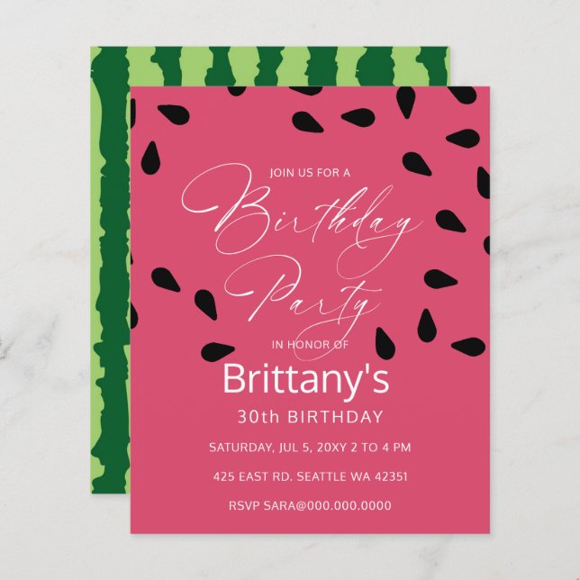 Budget watermelon summer birthday party invitation (Front/Back)