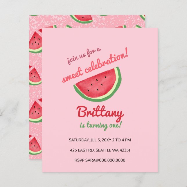 Budget watermelon summer birthday party invitation (Front/Back)