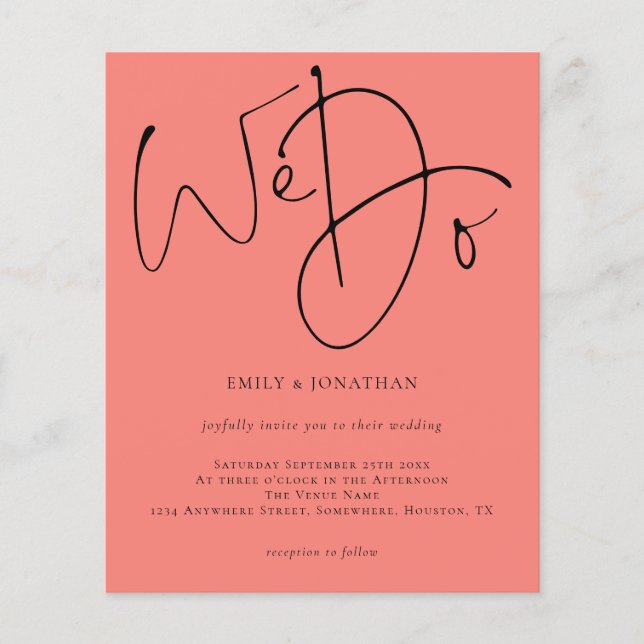 Budget We Do Coral Rose Wedding Invite (Front)