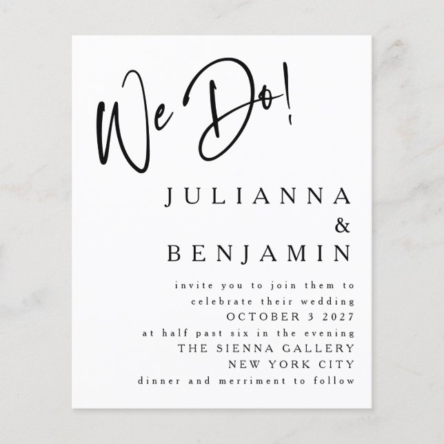 Budget We Do Elegant Black White Wedding Invite (Front)