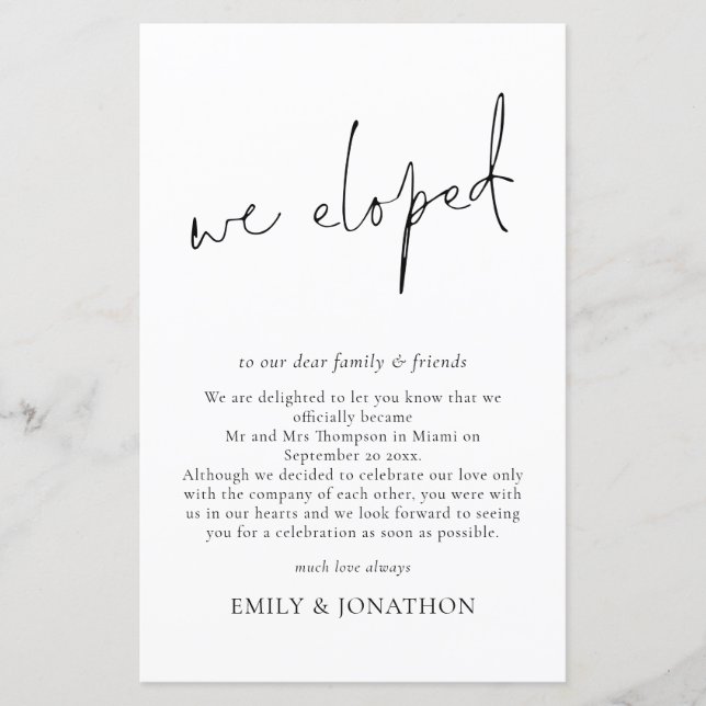 Budget We Eloped Script Elopement Announcement  (Front)